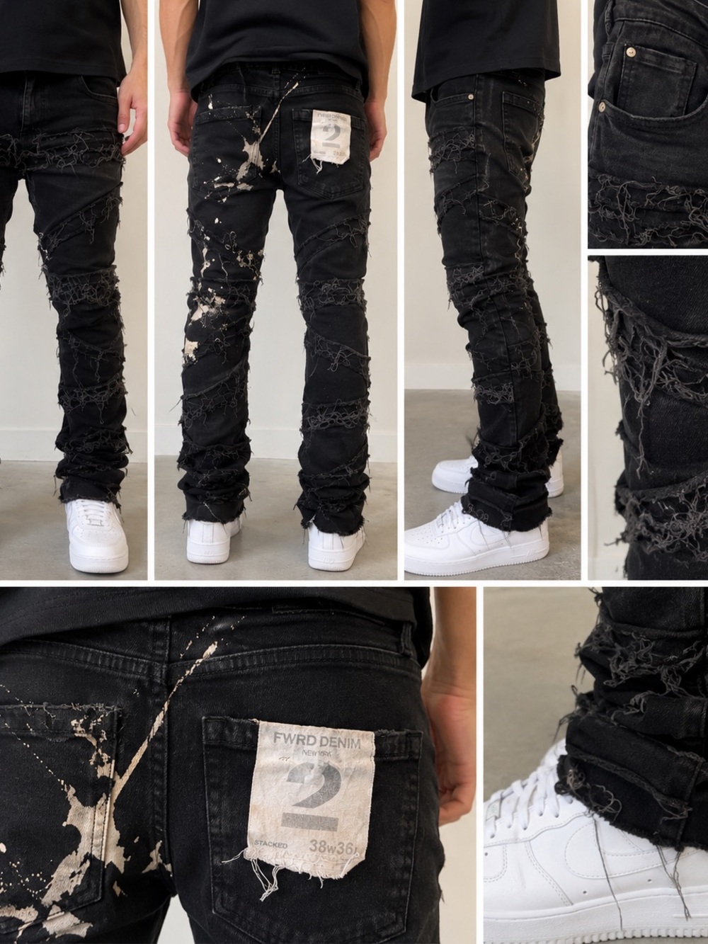 FWRD Denim Fit 2 Stacked Jeans Mens 38x36 Black Distressed Frayed Streetwear